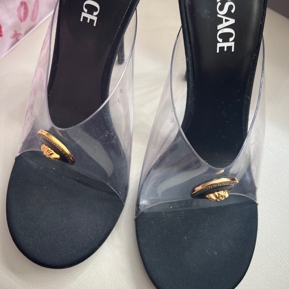 Versace Clear and Black Heels with Gold Medallion